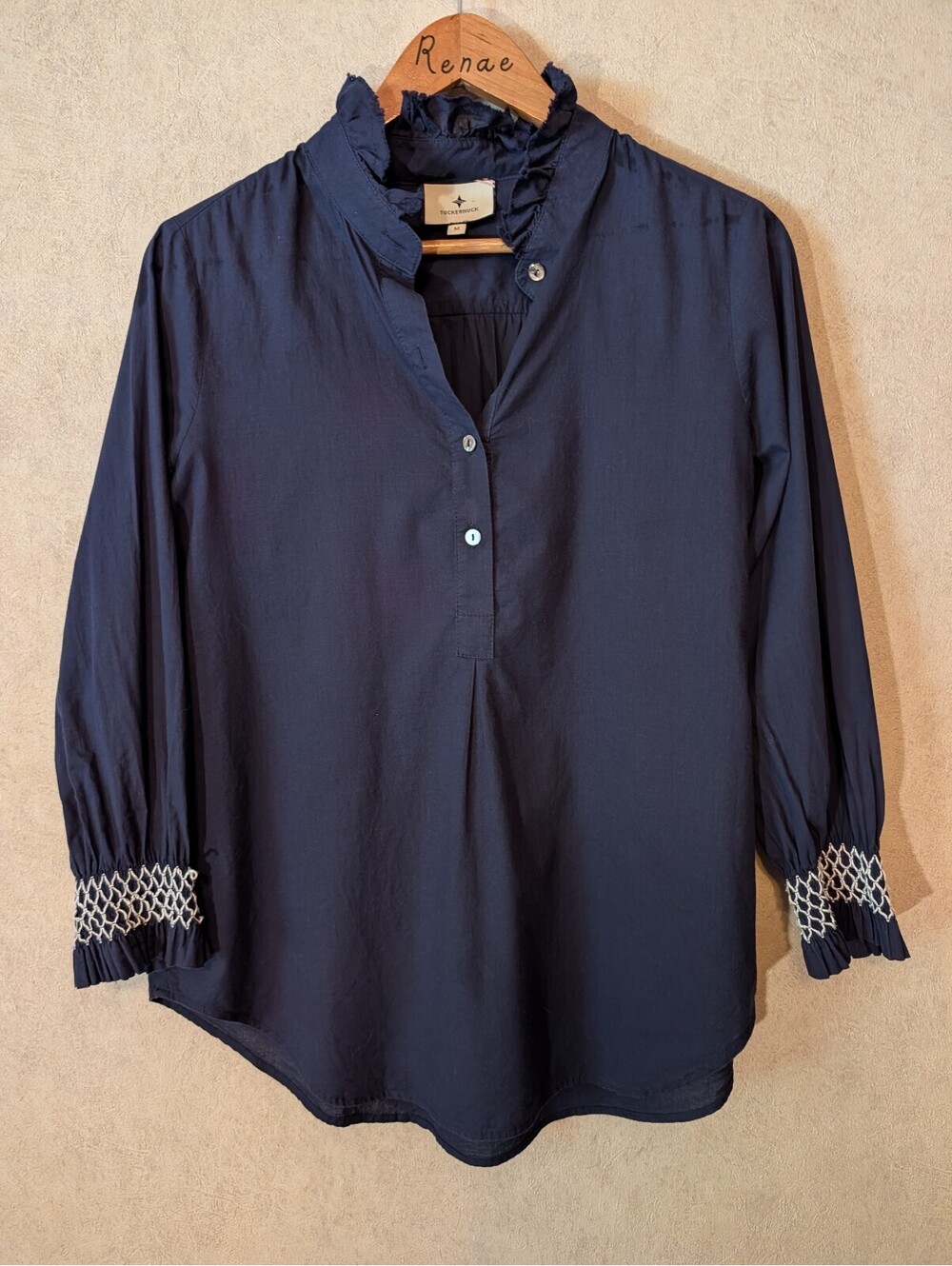 TUCKERNUCK navy ruffle neck cotton blouse sz M